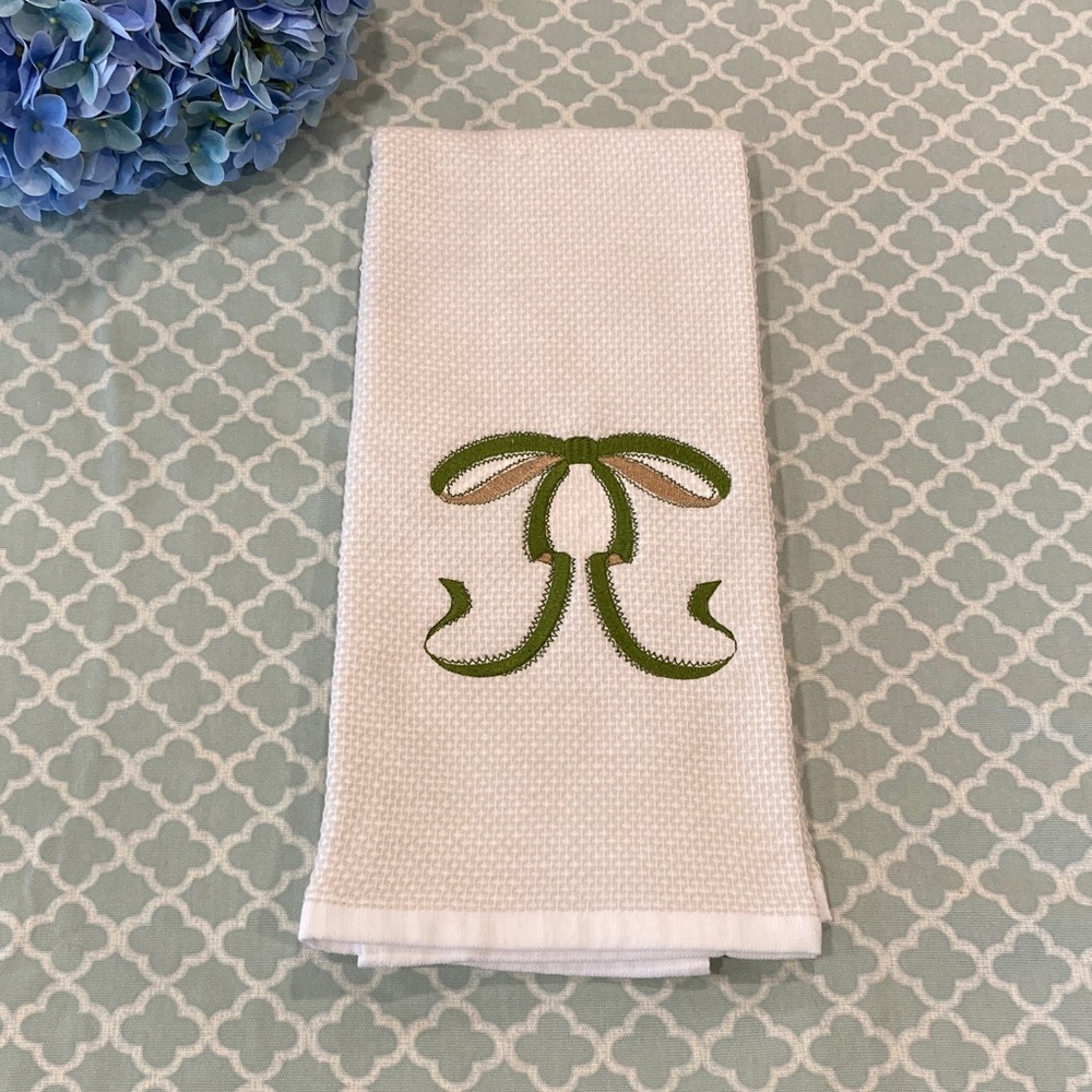 NEW Embroidered Bow Kitchen Hand Towel Green Gold Cream